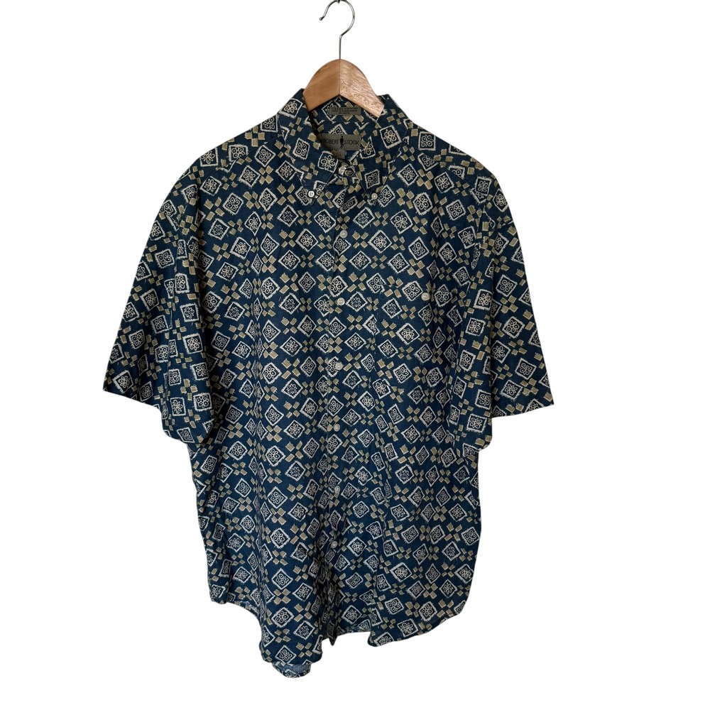 Robert Stock Button Down Shirt Mens Large‎ Blue Tan Geometric Ramie Cotton Blend